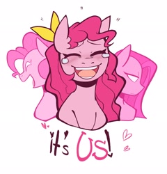 Size: 1963x2048 | Tagged: safe, artist:melodymelanchol, pinkie pie, earth pony, pony, comic:rotten harmony, g4, bust, laughing, open mouth, open smile, pinkamena diane pie, simple background, smiling, solo, teary eyes, triality, white background