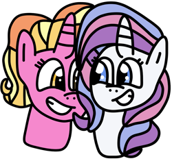 Size: 923x866 | Tagged: safe, artist:jadeharmony, luster dawn, potion nova, pony, unicorn, g4, g4.5, my little pony: pony life, the last problem, bust, duo, duo female, female, grin, lesbian, looking at each other, looking at someone, lusternova, mare, shipping, simple background, smiling, smiling at each other, transparent background