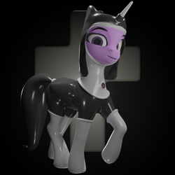 Size: 4096x4096 | Tagged: safe, artist:comorito, twilight sparkle, alicorn, pony, g4, 3d, black background, clothes, commission, cross, fetish, horn, horn ring, latex, latex fetish, latex nun, latex socks, latex suit, looking at you, nun, nun outfit, ring, socks, solo, twilight sparkle (alicorn), ych example, your character here