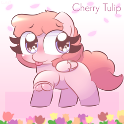 Size: 2000x2000 | Tagged: safe, artist:cushyhoof, oc, oc:cherry tulip, pegasus, pony, :p, blushing, commission, cute, female, filly, flower, foal, frog (hoof), gradient background, high res, hoofbutt, hooves, phone drawing, solo, tongue out, tulip, underhoof, wingding eyes, wings