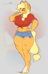 Size: 713x1100 | Tagged: safe, alternate version, artist:evehly, applejack, earth pony, anthro, unguligrade anthro, g4, abs, applebucking thighs, applejacked, breasts, busty applejack, clothes, cowboy hat, digital art, female, hat, muscles, muscular female, shorts, solo, stetson, thighs, thunder thighs