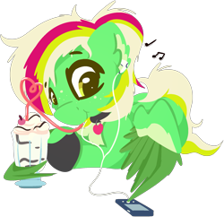 Size: 1845x1783 | Tagged: safe, artist:rhythmpixel, oc, oc only, oc:gumdrops, pegasus, pony, drink, earbuds, ipod, milkshake, music notes, simple background, solo, transparent background