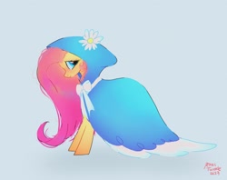 Size: 2048x1620 | Tagged: safe, artist:petaltwinkle, fluttershy, pegasus, pony, g4, aside glance, blue background, cape, clothes, female, flower, hood, hooded cape, looking at you, mare, profile, signature, simple background, smiling, solo, standing, taffeta cape