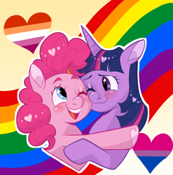 Size: 640x648 | Tagged: safe, artist:janeandjuice, pinkie pie, twilight sparkle, earth pony, pony, unicorn, g4, bisexual pride flag, female, gay pride flag, hug, lesbian, lesbian pride flag, pride, pride flag, pride month, ship:twinkie, shipping