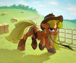 Size: 2000x1667 | Tagged: safe, artist:o0o-bittersweet-o0o, oc, oc only, oc:slug tails, pony, slug, unicorn, >:), belt, boots, commission, cowboy boots, cowboy hat, cowgirl, female, fence, field, grass, grin, gun, handgun, hat, hay bale, holster, looking at you, pistol, raised hoof, revolver, scenery, shoes, sky, smiling, solo, standing, stetson, weapon