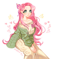 Size: 1280x1280 | Tagged: safe, artist:aten0va, fluttershy, butterfly, human, g4, clothes, deviantart watermark, dress, female, heart, humanized, obtrusive watermark, signature, simple background, smiling, solo, sweater, watermark, white background