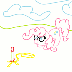 Size: 1000x1000 | Tagged: safe, artist:purblehoers, pinkie pie, earth pony, pony, g4, animated, cloud, doodle, gif, grass, ms paint, rocket, simple background, solo, stomp rocket, toy, white background