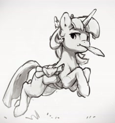 Size: 3826x4096 | Tagged: safe, artist:inkhooves, twilight sparkle, pony, unicorn, g4, bag, female, galloping, grayscale, mare, monochrome, mouth hold, quill, saddle bag, solo, unicorn twilight
