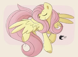 Size: 1900x1400 | Tagged: safe, artist:chaoticcr0w, fluttershy, pegasus, pony, g4, cute, eyes closed, female, long tail, mare, shyabetes, signature, simple background, smiling, solo, spread wings, tail, wings