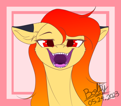 Size: 2801x2461 | Tagged: safe, artist:lightning bolty, oc, oc:scarlet bolty, abstract background, colored, date (time), drainpipe throat, fangs, flat colors, gradient mane, high res, kitchen eyes, lidded eyes, mawshot, open mouth, purple mouth, red eyes, relaxed eyes, signature, smug face, sternocleidomastoid, teeth, throat