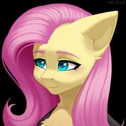 Size: 1024x1024 | Tagged: safe, artist:villjulie, fluttershy, pegasus, pony, g4, black background, bust, chest fluff, clothes, female, looking away, mare, mlp-rd, portrait, simple background, smiling, solo, three quarter view