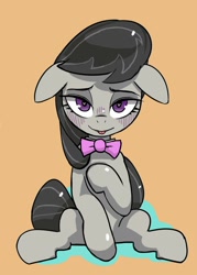 Size: 1000x1400 | Tagged: safe, artist:baigak, octavia melody, earth pony, pony, g4, bowtie, female, floppy ears, lidded eyes, looking at you, mare, octavia's bowtie, orange background, simple background, sitting, smiling, smiling at you, solo