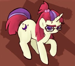 Size: 631x555 | Tagged: safe, artist:xp_r6, moondancer, pony, unicorn, g4, abstract background, aside glance, female, frown, glasses, grumpy, looking at you, mare, missing accessory, raised hoof, solo, standing, three quarter view