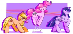 Size: 1691x794 | Tagged: safe, artist:xp_r6, applejack, pinkie pie, twilight sparkle, alicorn, earth pony, pony, g4, biting, pronking, raised hoof, tail, tail bite, trio, twilight sparkle (alicorn)