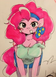 Size: 2405x3264 | Tagged: safe, artist:xp_r6, pinkie pie, earth pony, anthro, g4, breasts, busty pinkie pie, clothes, female, headband, high res, leaning forward, off shoulder, solo, traditional art