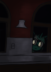 Size: 1250x1760 | Tagged: safe, artist:t72b, lyra heartstrings, pony, unicorn, g4, dark, female, glowing, glowing eyes, grimderp, l.u.l.s., mare, night, solo, spooky, window