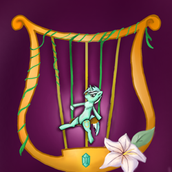 Size: 1280x1280 | Tagged: safe, artist:katy_moonlight, lyra heartstrings, pony, unicorn, g4, chest fluff, flower, lyre, musical instrument, simple background, solo, swing