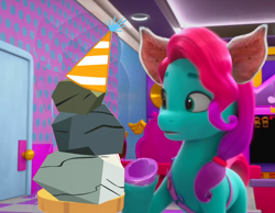 Size: 1800x1400 | Tagged: safe, edit, edited screencap, screencap, jazz hooves, rocky, earth pony, pony, g4, g5, izzy does it, my little pony: make your mark, my little pony: make your mark chapter 2, spoiler:my little pony: make your mark, spoiler:my little pony: make your mark chapter 2, spoiler:mymc02e01, character swap, dialogue in the description, duo, duo male and female, female, hat, jazz has no ears, jazz hooves has ears!, male, mane melody (location), mare, no ears, party hat, pig ears, pony removed, raised hoof, random, rock, silly, stool, wrong ears