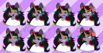 Size: 2680x1400 | Tagged: safe, artist:woofpoods, oc, oc:strobestress, unicorn, anthro, angry, calm, confused, excited, female, happy, long mane, mare, multicolored hair, purple background, purple hair, rainbow hair, scared, simple background, solo, stripes, twitch, vtuber