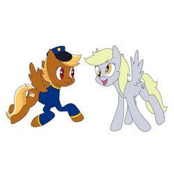 Size: 1080x1080 | Tagged: safe, artist:daily.shitfuck, derpy hooves, swift reply, pegasus, pony, blonde, clothes, derp, duo, female, hat, mare, open mouth, red eyes, signature, simple background, spread wings, uniform, white background, wings