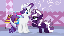 Size: 1280x720 | Tagged: safe, artist:scribbly07, artist:scribblyfandoms7, edit, edited screencap, screencap, rarity, oc, oc:black diamond, pony, unicorn, for whom the sweetie belle toils, g4, carousel boutique, character swap, colt, duo, female, foal, freckles, magical lesbian spawn, male, mare, mother and child, mother and son, offspring, parent:applejack, parent:rarity, parents:rarijack, pointing