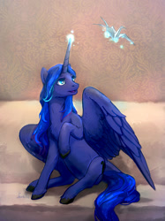 Size: 1280x1707 | Tagged: safe, artist:lusille, princess luna, alicorn, pony, fanfic:moon rise, g4, belly, chest fluff, couch, ethereal mane, ethereal tail, fanfic art, female, glowing, glowing horn, horn, large wings, magic, magic aura, mare, origami, partially open wings, raised hoof, smiling, solo, spread wings, sternocleidomastoid, tail, telekinesis, unshorn fetlocks, wings