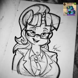 Size: 1071x1074 | Tagged: safe, artist:angrydiaper123, oc, oc only, oc:spruce sprout, pony, unicorn, anthro, pony town, big breasts, breasts, business suit, busty oc, clothes, female, glasses, grayscale, lidded eyes, looking at you, mare, monochrome, open mouth, open smile, screencap reference, smiling, solo, traditional art