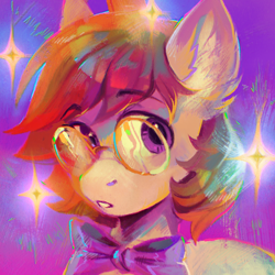 Size: 1500x1500 | Tagged: safe, artist:dearmary, oc, oc only, oc:phutashi, earth pony, pony, bowtie, bust, eyebrows, eyebrows visible through hair, glasses, looking at something, male, round glasses, solo, sparkles, stallion