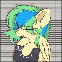 Size: 1186x1186 | Tagged: safe, artist:hcl, oc, oc only, oc:hcl, pegasus, pony, barbie, barbie (film), barbie mugshot meme, bust, eye clipping through hair, hoof hold, looking at you, meme, mugshot, one eye closed, open mouth, open smile, smiling, solo, wink, winking at you