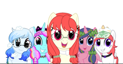 Size: 719x373 | Tagged: safe, oc, oc only, oc:altersmay earth, oc:lycarisa flowery, alicorn, earth pony, pegasus, pony, bow, cute, female, glasses, grin, hair bow, hat, heterochromia, jewelry, looking at you, mare, necklace, necktie, older altersmay earth, open mouth, planet ponies, ponified, raised hoof, simple background, smiling, spread wings, white background, wings