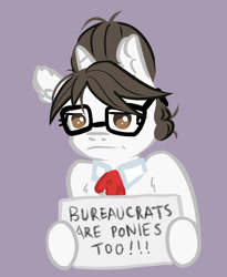 Size: 1225x1495 | Tagged: safe, artist:purepurinrin, raven, unicorn, cute, female, glasses, hair bun, hoof hold, horn, labor strike, looking at you, mare, messy mane, necktie, protest, ravenbetes, secretary, sign