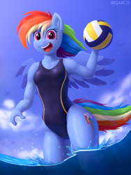 Size: 3000x4000 | Tagged: safe, artist:irisarco, rainbow dash, pegasus, anthro, ball, blurry background, breasts, clothes, cloud, day, ear fluff, female, flowing mane, flowing tail, looking at you, ocean, one-piece swimsuit, open mouth, outdoors, running, sky, smiling, solo, sports, spread wings, standing, summer, swimsuit, tail, volleyball, water, watermark, wet, wings