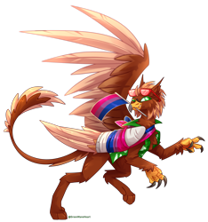 Size: 4616x4928 | Tagged: safe, artist:greenmaneheart, oc, oc only, oc:pavlos, griffon, bandage, bisexual, broken bone, broken wing, cast, chest fluff, claws, clothes, eared griffon, flag, griffon oc, hawaiian shirt, injured, one eye closed, one wing out, pride, shirt, simple background, sling, solo, sunglasses, transparent background, wing cast, wing sling, wings, wink
