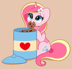 Size: 3470x3345 | Tagged: safe, artist:kittyrosie, oc, oc only, oc:rosa flame, pony, unicorn, cookie, cookie jar, flower, flower in hair, food, heart, messy eating, mouth hold, simple background