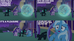 Size: 2000x1125 | Tagged: safe, edit, edited screencap, editor:quoterific, screencap, starlight glimmer, thorax, trixie, changeling, pony, unicorn, g4, to where and back again, floppy ears, force field, trixie's wagon, wagon