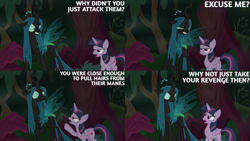 Size: 2000x1125 | Tagged: safe, edit, edited screencap, editor:quoterific, screencap, mean twilight sparkle, queen chrysalis, alicorn, changeling, changeling queen, pony, g4, the mean 6, everfree forest, forest