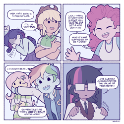 Size: 1200x1200 | Tagged: safe, applejack, fluttershy, pinkie pie, rainbow dash, rarity, sci-twi, twilight sparkle, equestria girls, 4 panel comic, 4koma, applejack's hat, clothes, comic, cowboy hat, hat, implied lesbian, implied scitwishimmer, implied shipping, jacket, laughing, mane six