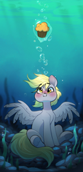 Size: 1300x2692 | Tagged: safe, artist:rexyseven, derpy hooves, pegasus, pony, g4, blushing, bubble, crepuscular rays, cute, derpabetes, digital art, feather, female, flowing mane, flowing tail, food, happy, holding breath, looking up, mare, muffin, ocean, phone wallpaper, puffy cheeks, rock, seaweed, sitting, smiling, solo, spread wings, sunlight, tail, that pony sure does love muffins, underwater, water, wings, yellow eyes, yellow mane, yellow tail