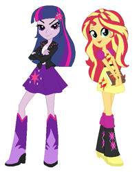 Size: 477x590 | Tagged: safe, artist:lordsfrederick778, sunset shimmer, twilight sparkle, human, equestria girls, g4, alternate universe, boots, clothes swap, duo, duo female, female, high heel boots, personality swap, role reversal, shoes, simple background, white background