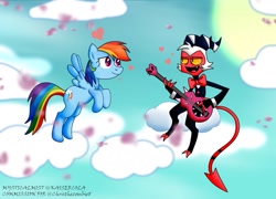 Size: 1889x1360 | Tagged: safe, artist:kaisercola, rainbow dash, demon, imp, pegasus, pony, g4, black suit, blue body, bowtie, clothes, cloud, crack shipping, crossover, crossover shipping, female, floating heart, freckles, guitar, heart, hellaverse, hellborn, helluva boss, helluva boss pilot, hooves, horns, infidelity, interspecies, jacket, male, moxxie knolastname, moxxiedash, multicolored hair, multicolored mane, multicolored tail, musical instrument, oh millie, on a cloud, pants, rainbow hair, rainbow tail, red body, shipping, sitting, sitting on a cloud, sky, smiling, spaded tail, straight, suit, sun, tail, wings, yellow eyes