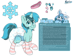 Size: 4600x3500 | Tagged: safe, artist:fluffyxai, oc, oc only, oc:winter breeze, pony, unicorn, accessory, clothes, diaper, diaper fetish, fetish, non-baby in diaper, pokémon, poofy diaper, reference sheet, simple background, socks, solo, striped socks, white background