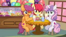 Size: 10387x5843 | Tagged: safe, artist:cyanlightning, apple bloom, scootaloo, sweetie belle, earth pony, pegasus, pony, unicorn, g4, .svg available, absurd resolution, apple bloom's bow, balloon, bow, cake, chair, chest fluff, cupcake, cutie mark crusaders, drink, drinking, eating, female, filly, foal, food, hair bow, milkshake, open mouth, sitting, soda, sugarcube corner, table, tongue out, trio, vector, window