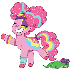 Size: 1200x1200 | Tagged: safe, artist:prixy05, gummy, pinkie pie, alligator, earth pony, pony, g4, g5, my little pony: tell your tale, alternate hairstyle, armband, bracelet, bridlewoodstock, duo, duo male and female, eyes closed, face paint, female, g4 to g5, generation leap, glasses, glowing, grin, headband, jewelry, male, mare, novelty glasses, simple background, smiling, solo focus, sparkly mane, standing on two hooves, star glasses, sunglasses, tongue out, transparent background, vector
