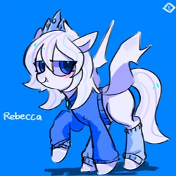 Size: 1280x1280 | Tagged: safe, artist:metaruscarlet, oc, oc only, oc:rebecca, pegasus, pony, adult blank flank, blank flank, blue background, blushing, clothes, crown, fangs, female, jewelry, leg warmers, mare, raised hoof, regalia, simple background, solo, sweater