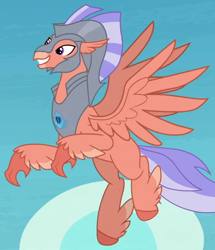 Size: 590x685 | Tagged: safe, screencap, coral zephyr, classical hippogriff, hippogriff, g4, surf and/or turf, beak, chestplate, cropped, feathered fetlocks, flying, grin, helmet, sky, smiling, solo, spread wings, tail, wings