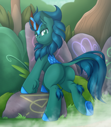 Size: 3513x4030 | Tagged: safe, alternate version, artist:pearlyiridescence, oc, oc only, oc:poison trail, kirin, butt, closed mouth, cloven hooves, curved horn, ear fluff, featureless crotch, horn, jungle, kirin-ified, leonine tail, looking back, male, plot, solo, species swap, stallion, steam, tail
