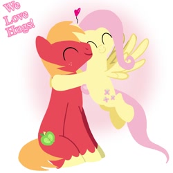 Size: 1400x1400 | Tagged: safe, artist:mlplary6, big macintosh, fluttershy, earth pony, pegasus, pony, g4, ^^, boyfriend and girlfriend, duo, eyes closed, female, floating heart, flying, heart, hug, love, male, mare, ship:fluttermac, shipping, sitting, smiling, stallion, straight, text