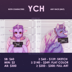 Size: 3000x3000 | Tagged: safe, artist:dreamyrat, oc, oc only, alicorn, pony, alicorn oc, barbie, barbie (film), barbie mugshot meme, commission, duo, duo male and female, female, floppy ears, high res, holding sign, horn, male, meme, mugshot, open mouth, open smile, purple hair, red eyes, smiling, smirk, stallion, text, wings, ych example, your character here