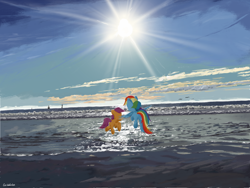 Size: 4000x3000 | Tagged: safe, artist:widelake, rainbow dash, scootaloo, bird, pegasus, pony, seagull, g4, beach, boat, cloud, duo, floating, oil painting, scootalove, sun, sunlight, traditional art