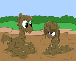 Size: 2000x1600 | Tagged: safe, artist:amateur-draw, oc, oc only, oc:belle boue, oc:oak wood, earth pony, pony, unicorn, covered in mud, male, mud, mud bath, mud play, mud pony, muddy, stallion, wet and messy